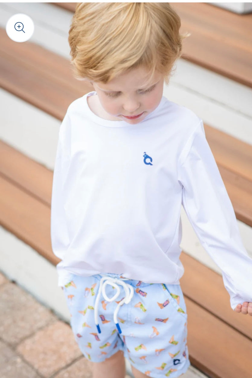 White long-sleeved rashguard by Blue Quail with UPF 50+ sun protection