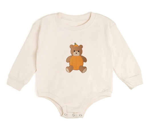 Pumpkin Teddy Bear Patch Long Sleeve Romper