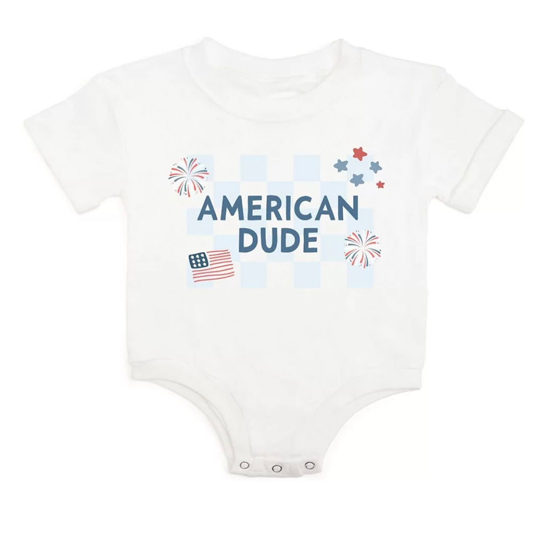 American Dude Short Sleeve Romper in cream with subtle star detail, tagless design