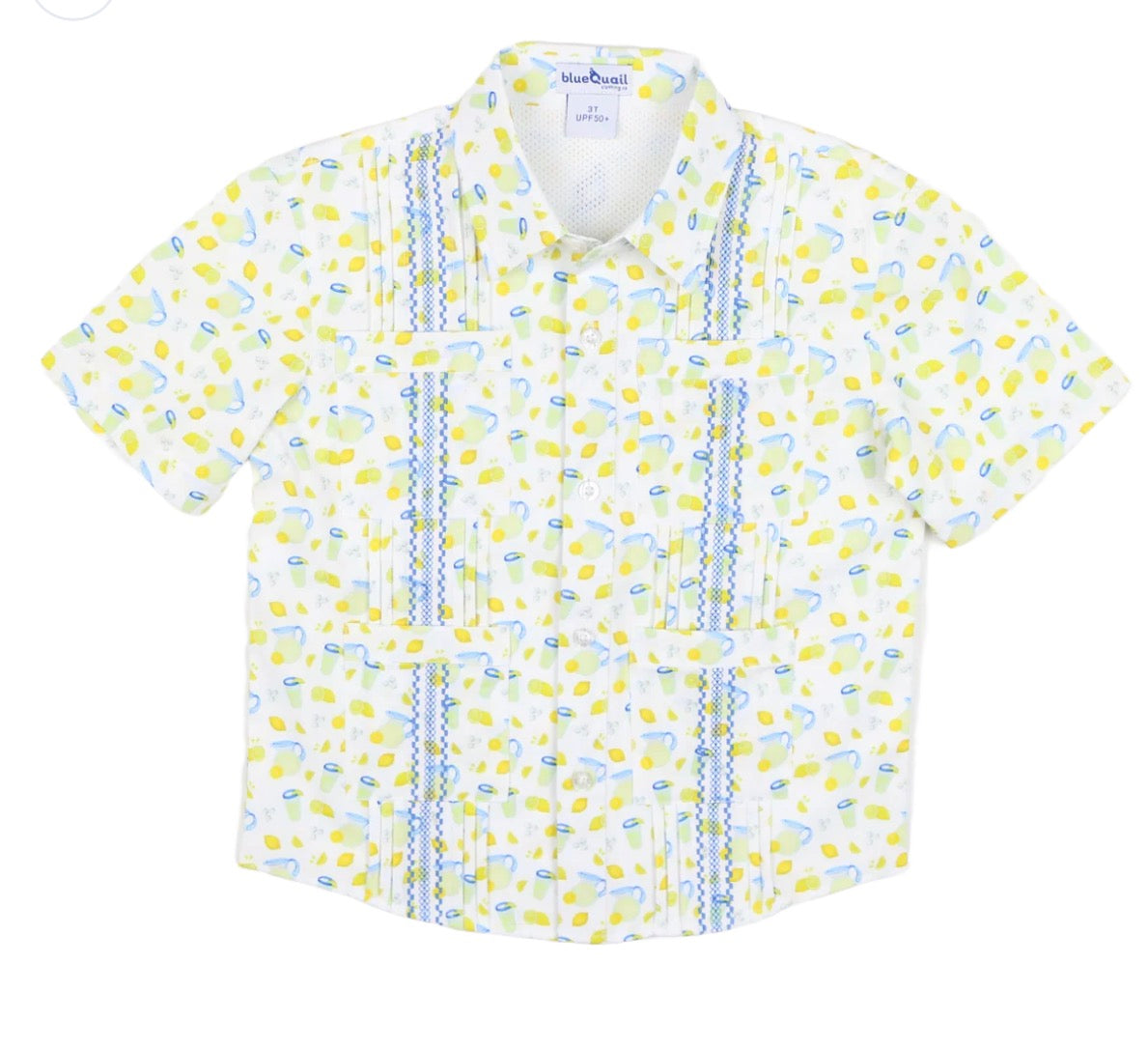Blue Quail guayabera short-sleeve shirt in lemonade with embroidered front detail and functional pockets