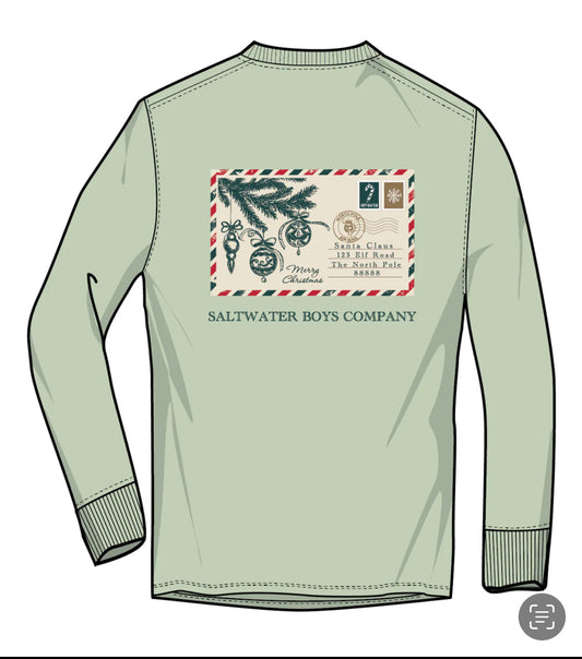 Christmas Postcard Long Sleeve T-Shirt (Light Green) - Saltwater Boys