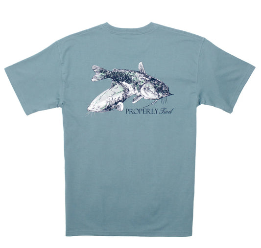 Mudcat Tee Steel short-sleeve tee in steel color by Properly Tied, featuring hand-drawn graphics and duck logo pocket