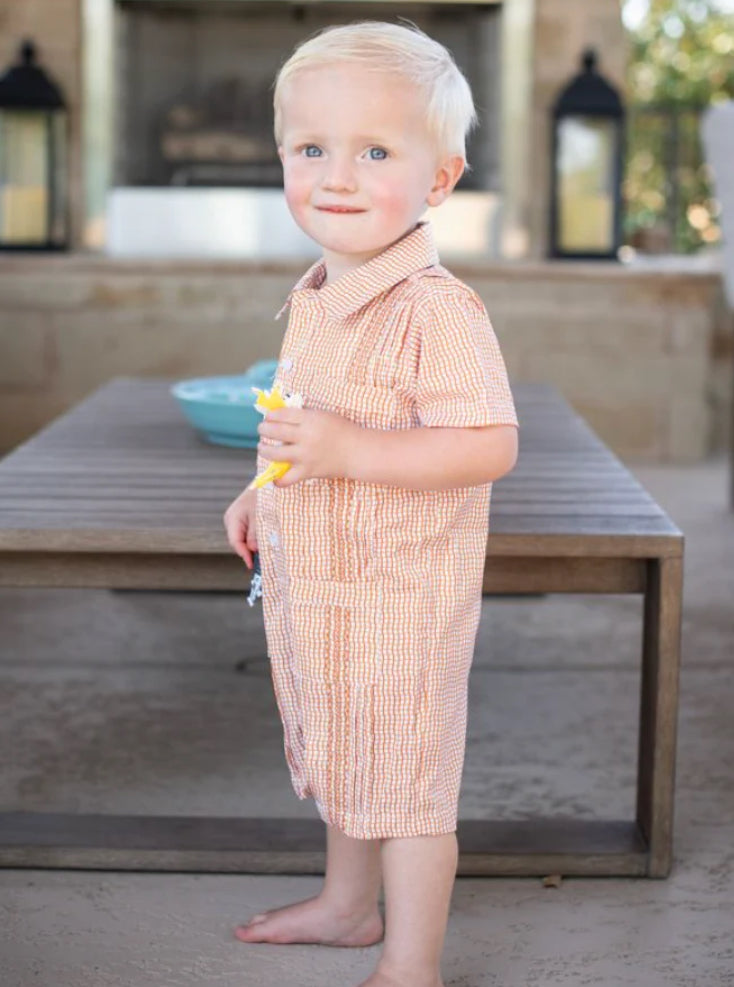 Blue Quail guayabera-gameday wave check short-sleeve romper in blue, 100% cotton with stitching detail