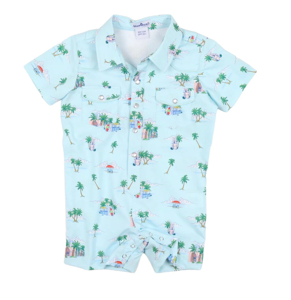 Blue Quail Coastal Getaway Pearl Snap Romper in understated design, pearl snap closures, baby and toddler outfit