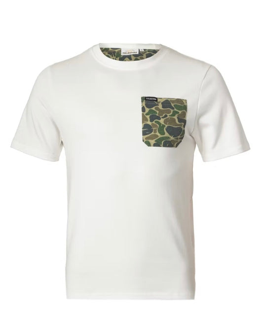 White ringspun cotton tee with camo pocket detail by Fieldstone