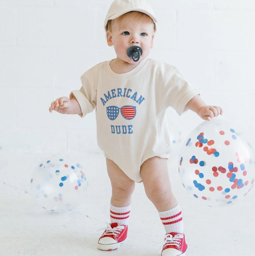 American Dude Romper in Natural by Sweet Wink, refined neutral romper for infants and children