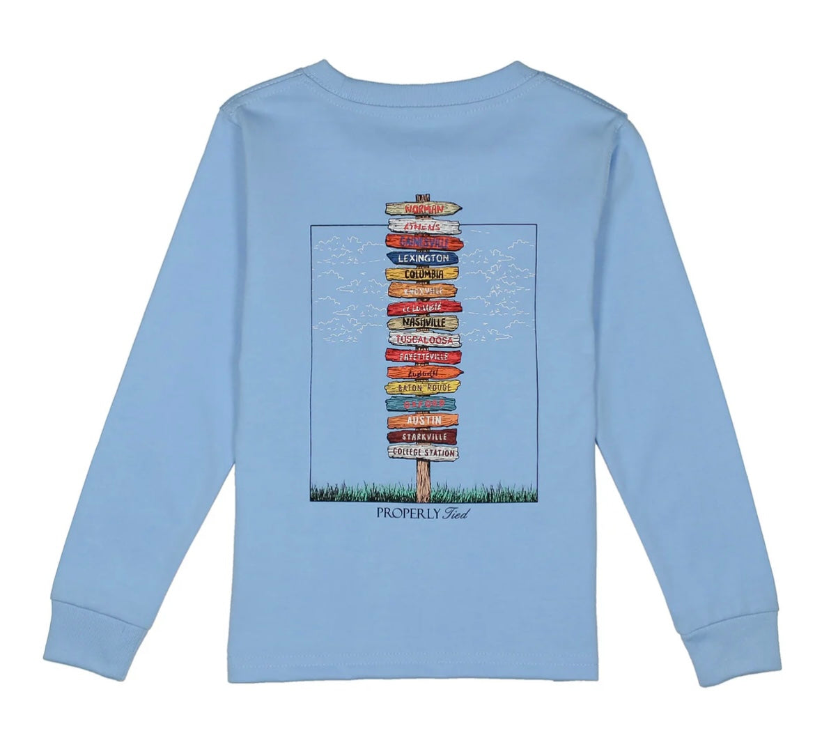 Light blue long sleeve boys shirt with hand-drawn graphics and duck logo pocket, Properly Tied
