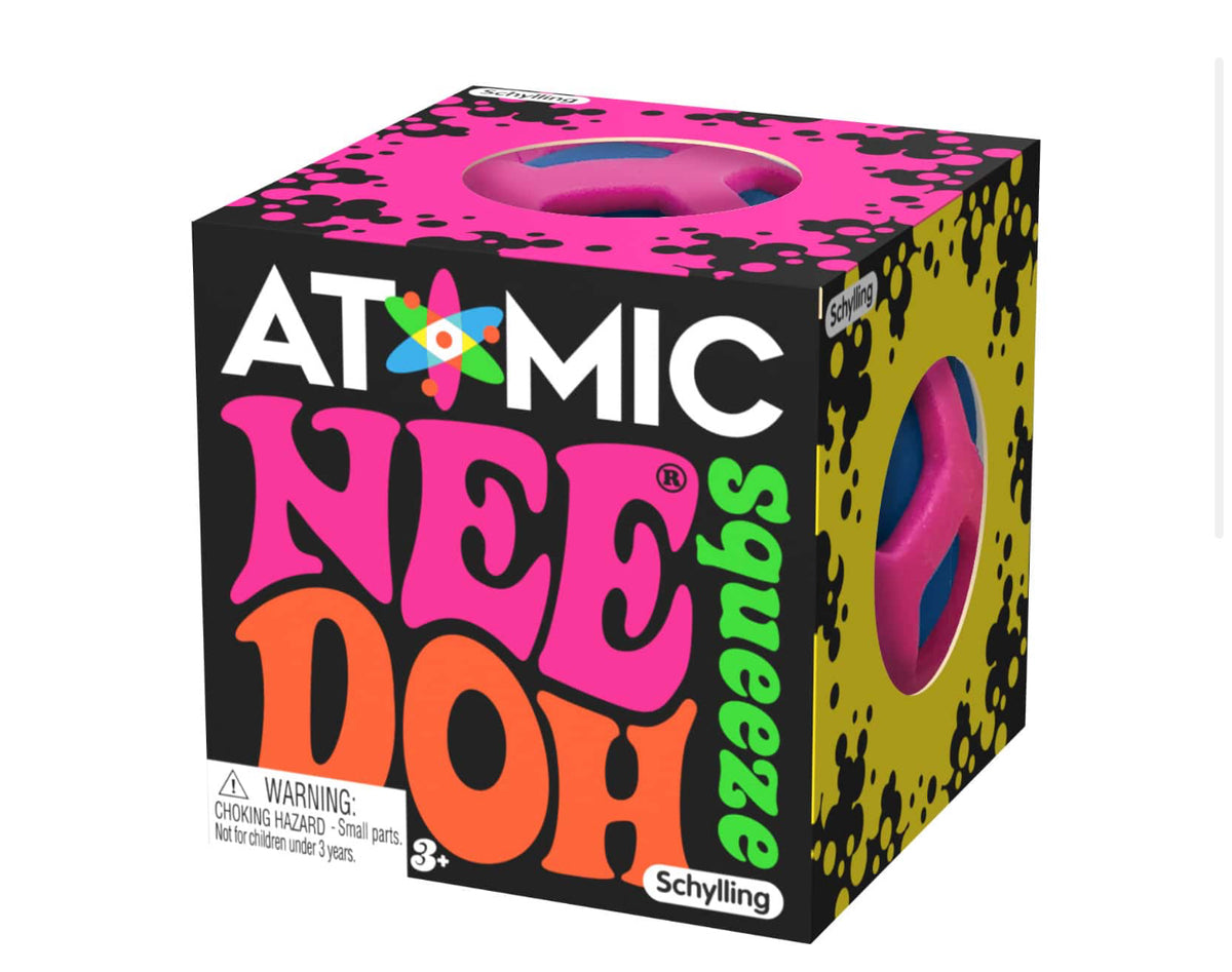 Atomic NeeDoh fidget toy by Schylling in Blue/Yellow, Yellow/Pink, and Pink/Blue colorways