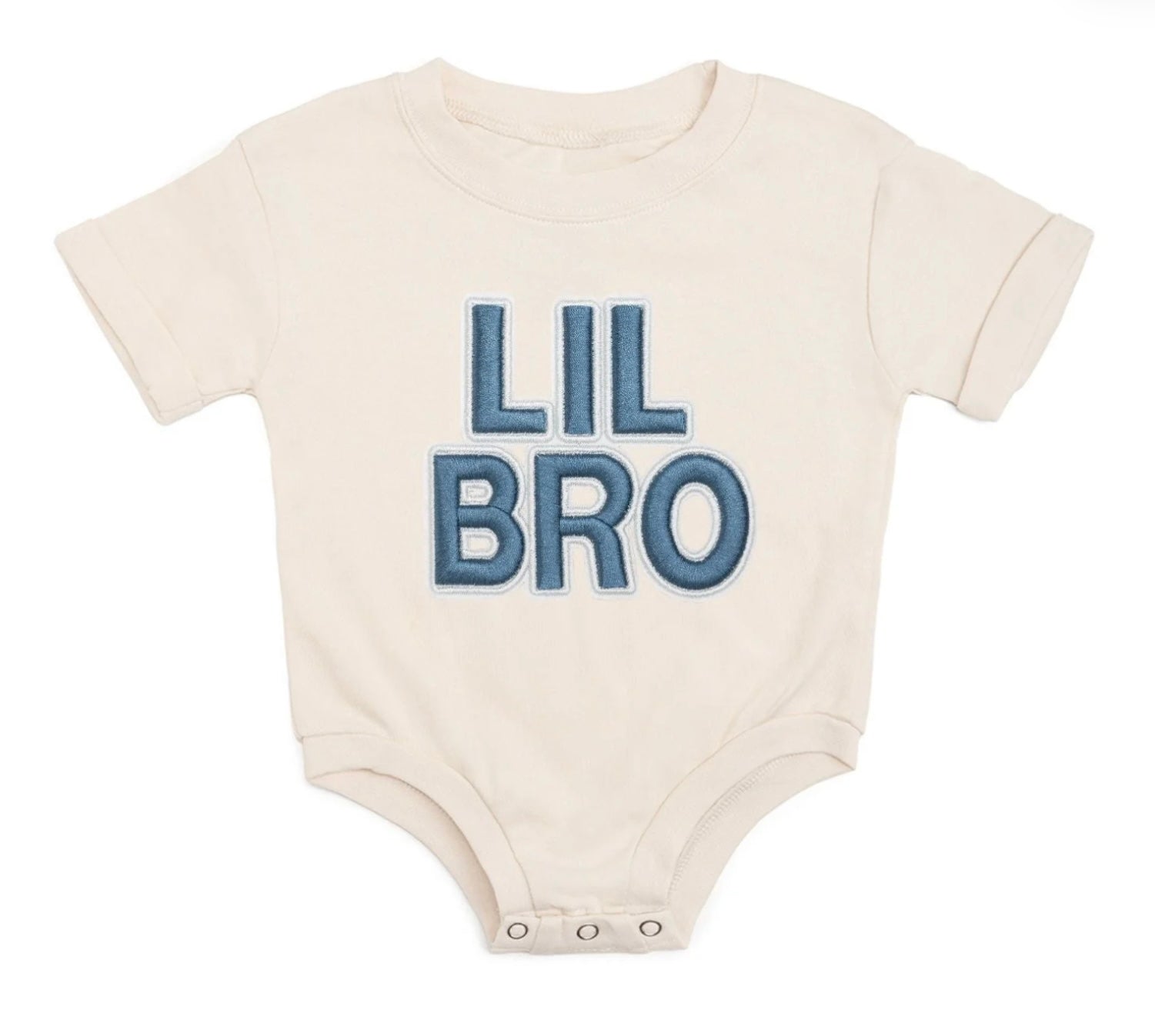 Natural cotton romper with blue embroidered 'Lil Bro' patch, bubble sleeves, tagless design