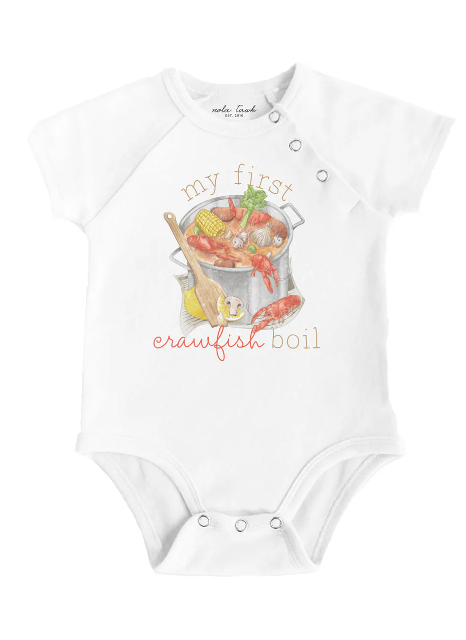 Crawfish onesie in organic cotton by Nola Tawk with shoulder and bottom snaps