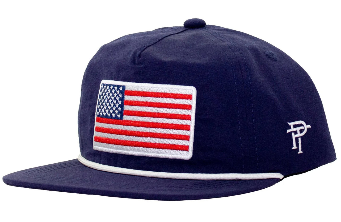 Classic Rope Hat with hand-drawn American flag graphic and cotton rope detail, adjustable snap closure