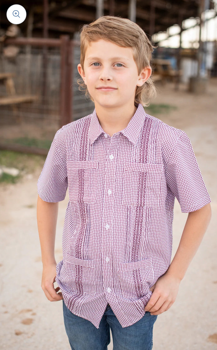 Blue Quail Game Day Guayabera short-sleeve shirt in Wave Check blue with embroidered detail and four pockets