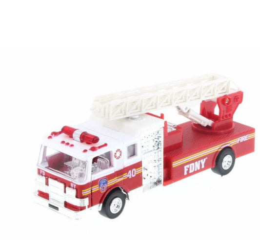 Daron FDNY pullback ladder truck with extending ladder, opening cabin doors, and working lights