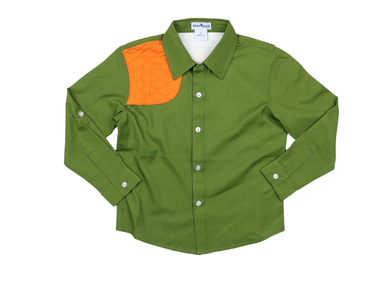Post Oak & Blaze Orange long sleeve shirt by Blue Quail with quilted shoulder patch and mesh ventilation