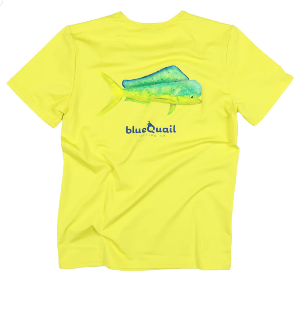 Yellow Mahi Mahi short-sleeved performance tee by Blue Quail with UPF 50+ protection