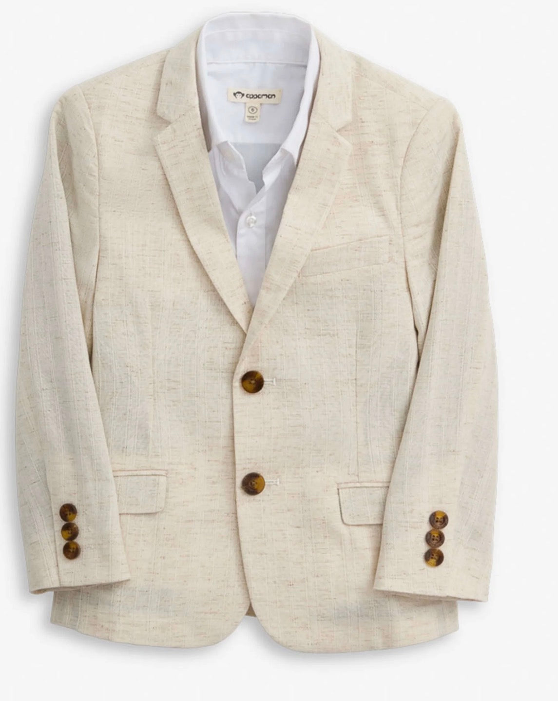 Appaman ivory linen sports jacket with classic lapels, polished buttons, and removable pocket square