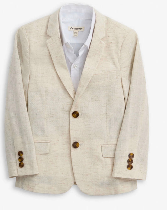 Appaman ivory linen sports jacket with classic lapels, polished buttons, and removable pocket square