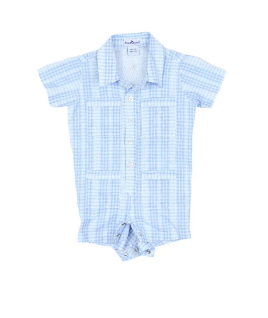 Guayabera-Blue Plaid Linen SS Romper