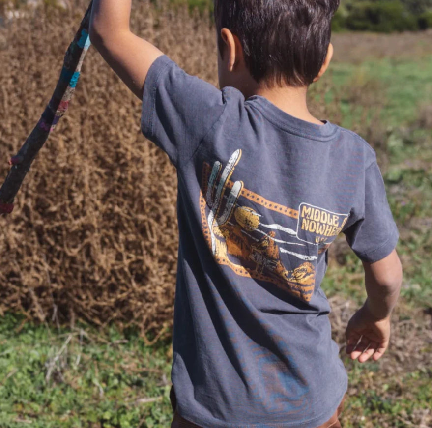 Mineral black Tiny Whales Middle of Nowhere tee with front and back graphic, crew neck cotton jersey