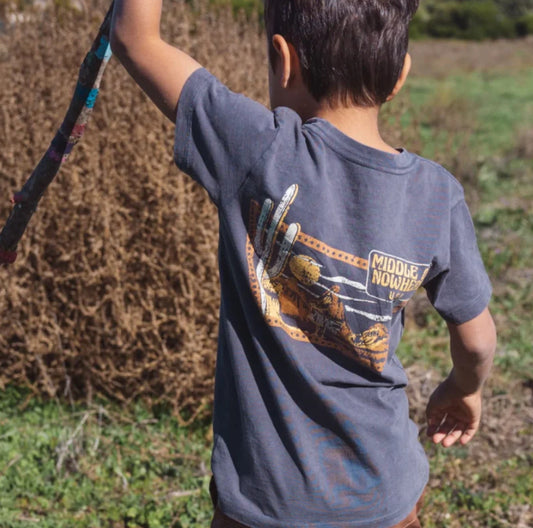 Mineral black Tiny Whales Middle of Nowhere tee with front and back graphic, crew neck cotton jersey