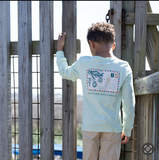 Light green long sleeve t-shirt with Christmas postcard graphic pocket detail by Saltwater Boys