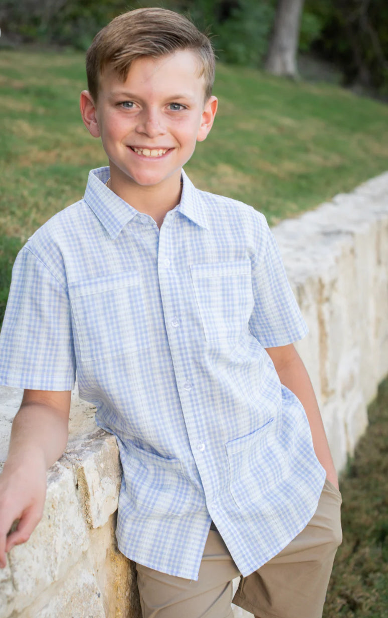 Blue Quail Guayabera-Blue Plaid Linen Short Sleeve Shirt with structured silhouette and refined plaid pattern