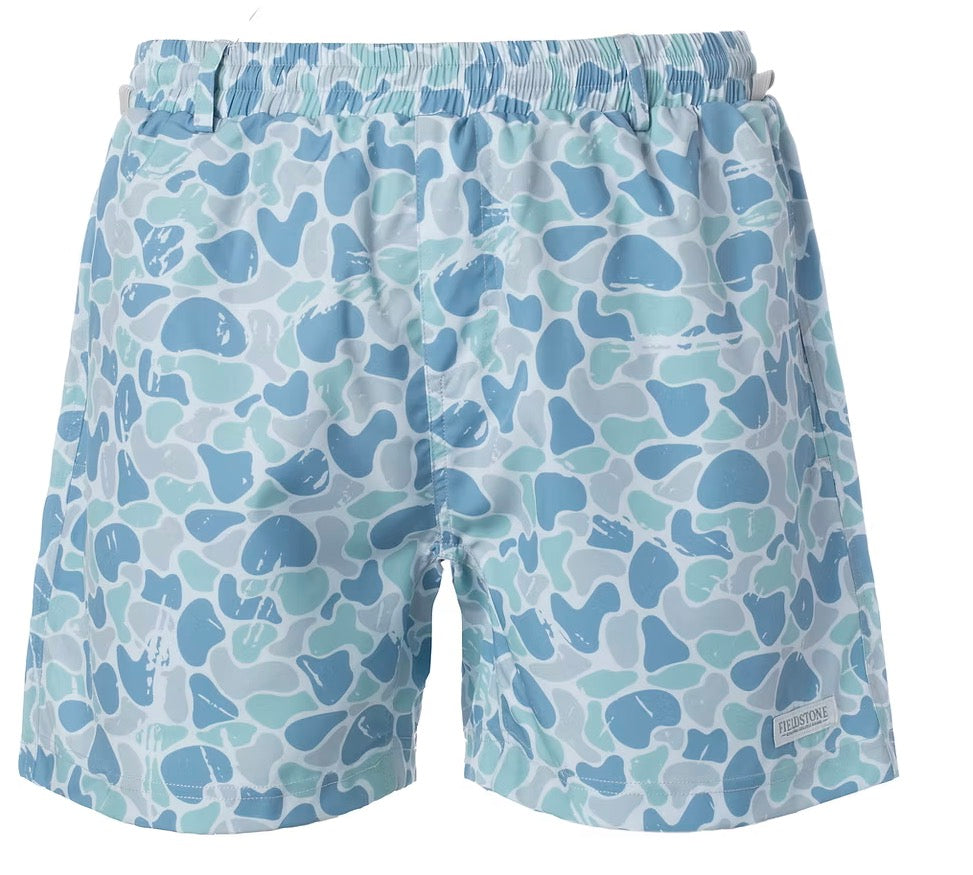 Saltwater blue camo swim trunks with 5-inch inseam by Fieldstone