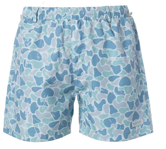 Saltwater blue camo swim trunks with 5-inch inseam by Fieldstone