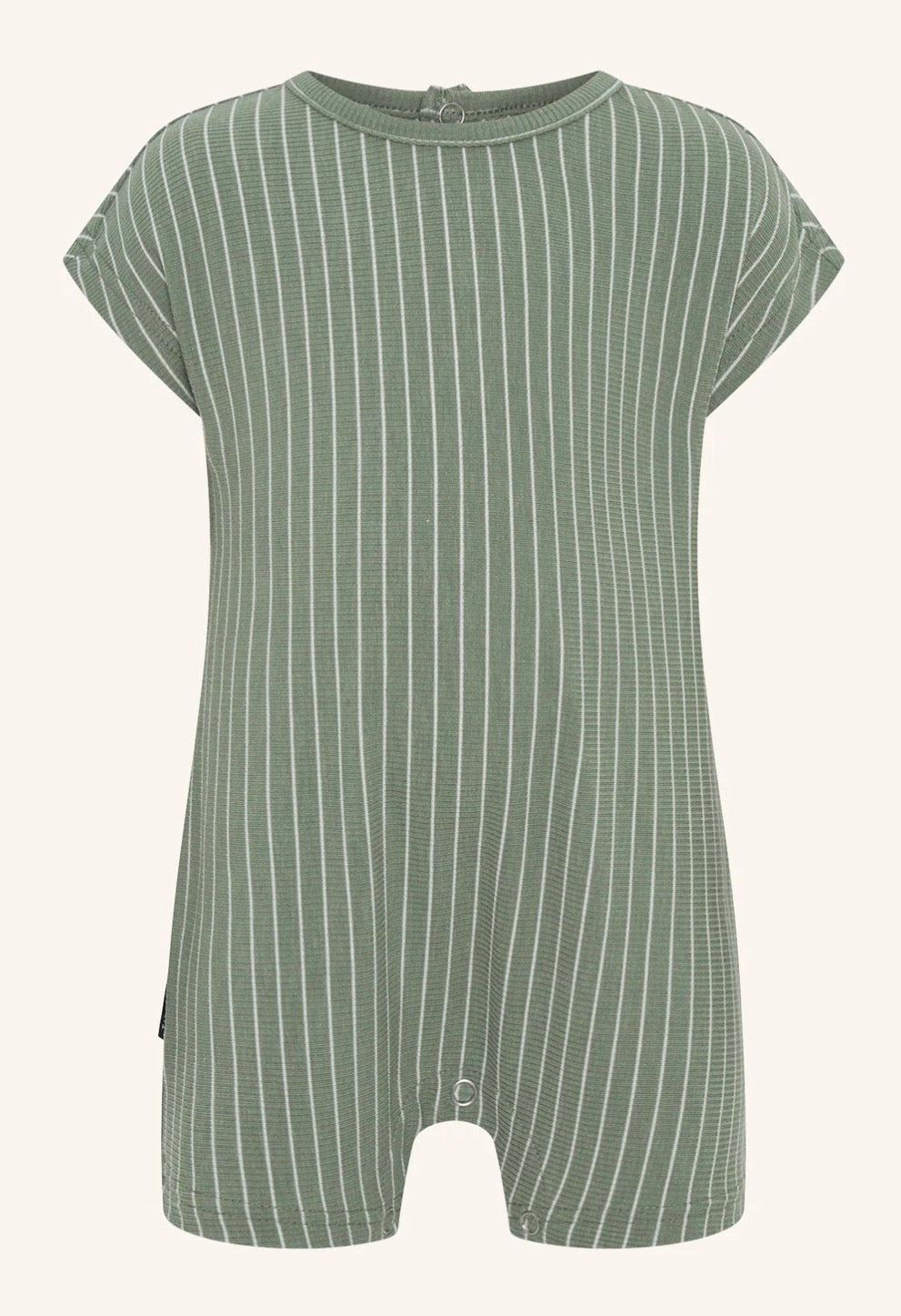 Green rib stripe playsuit with cap sleeves and snap closures by Tiny Tribe