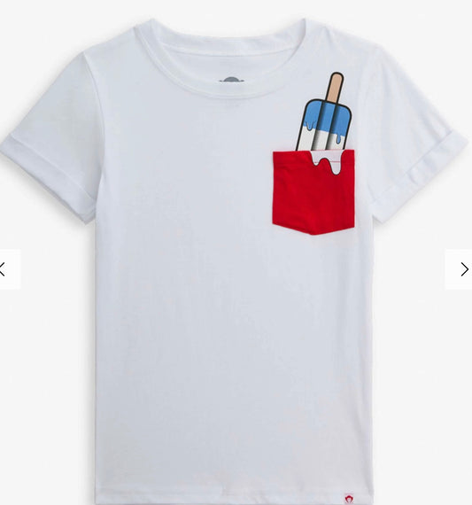 Appaman Day Trip Tee in Popsicle White with rolled sleeves and popsicle pocket graphic