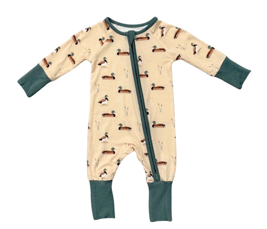 Long Sleeve Zip Romper - Mallard Ducks
