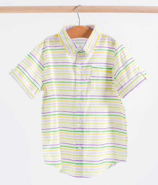 Carnival Time Short Sleeve Collared Shirt in purple, green, and gold stripes by Nola Tawk