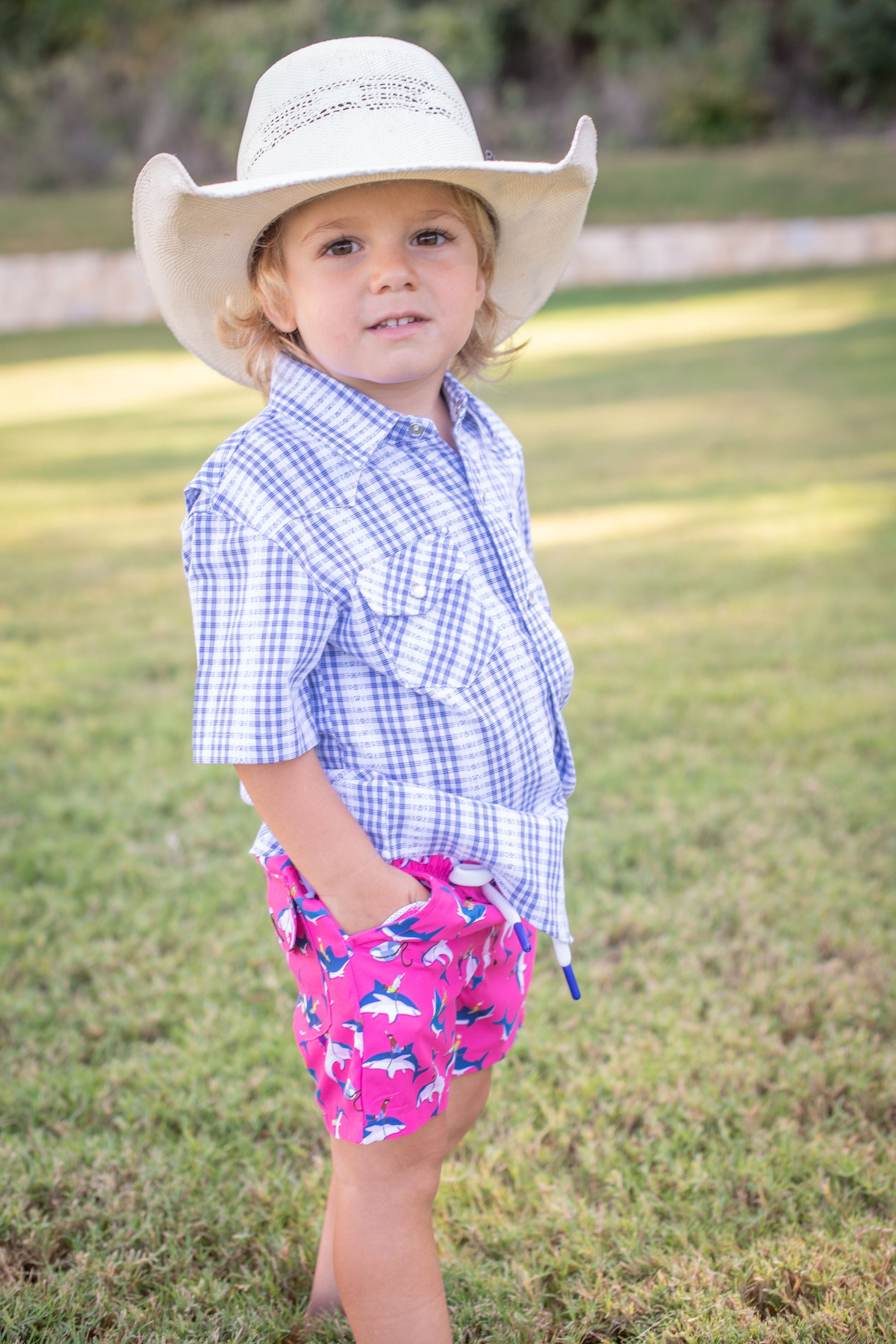 Great White Swim Trunks in pink by Blue Quail with UPF 50+ fabric