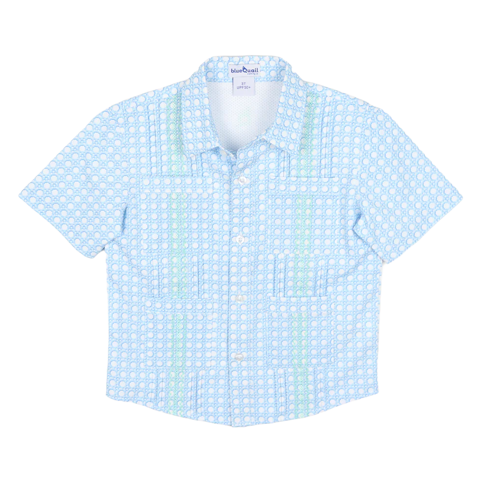 Blue Quail Guayabera-Blue Cane Lattice short-sleeve shirt with embroidered detail and four pockets