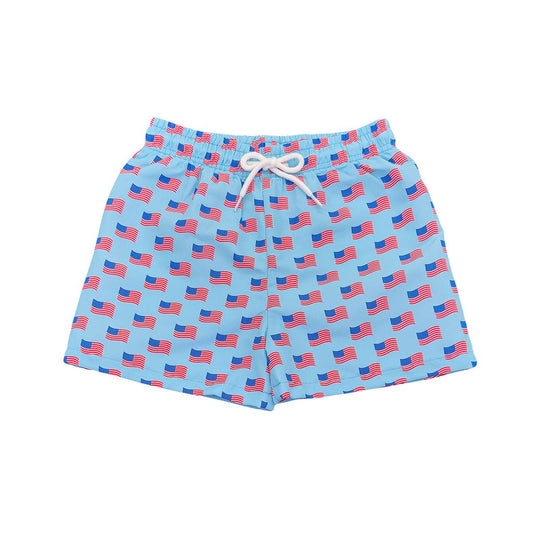 Saint Simons Swim Trunk in Flag by Saltwater Boys—boys' premium swim shorts with elastic waistband
