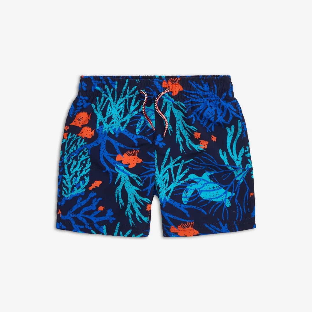 Appaman Coral Reef Mid Length Swim Trunks in vibrant coral pattern, quick-drying polyester