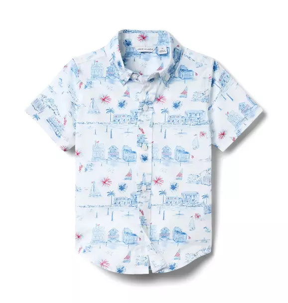 LV Poplin Scenic Toile Shirt in crisp cotton poplin with allover Americana toile print and collar point buttons