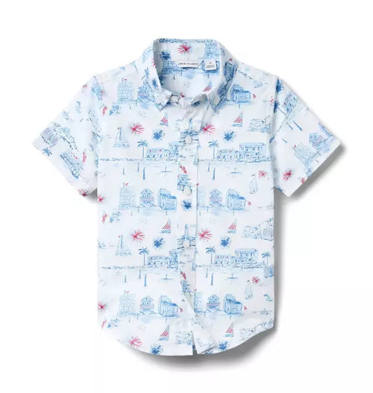 LV Poplin Scenic Toile Shirt in crisp cotton poplin with allover Americana toile print and collar point buttons