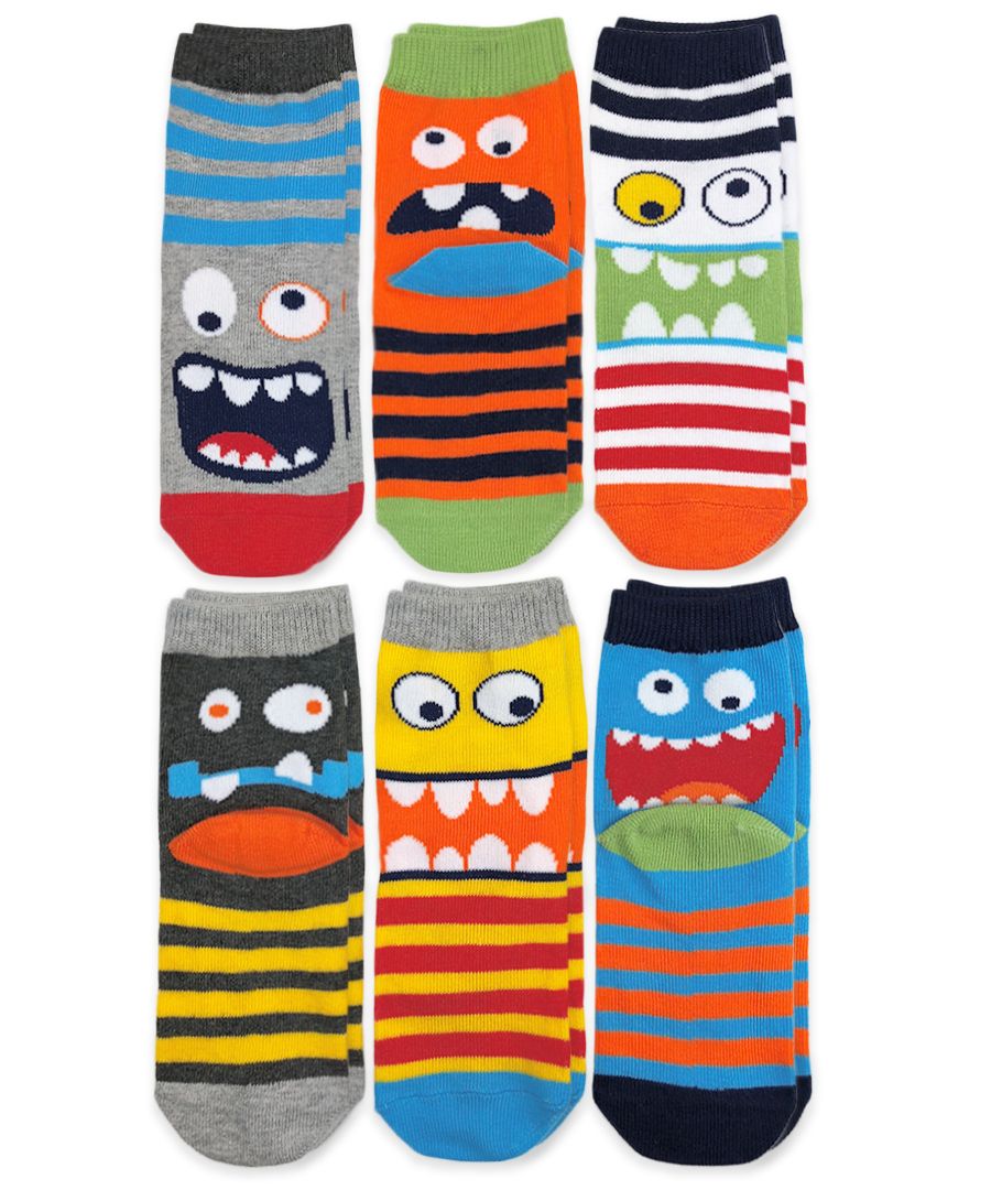 Six-pair set of Jefferies Monster Crew Cut Socks with charming monster-themed design in crew cut silhouette