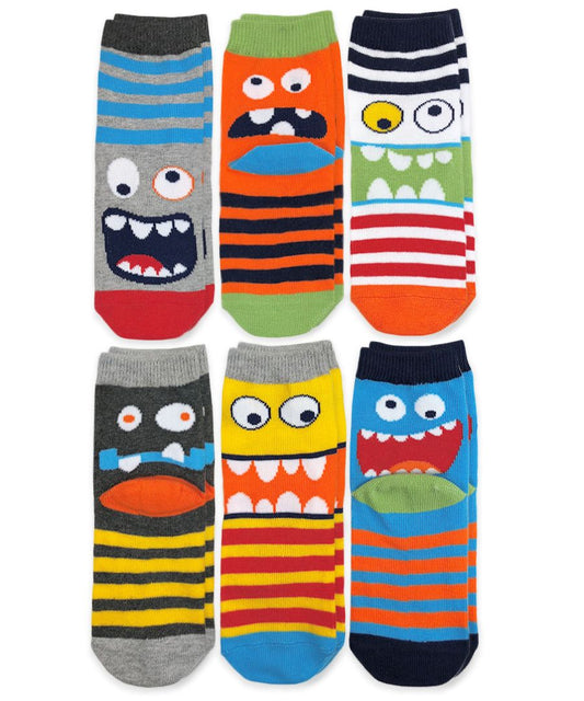 Six-pair set of Jefferies Monster Crew Cut Socks with charming monster-themed design in crew cut silhouette