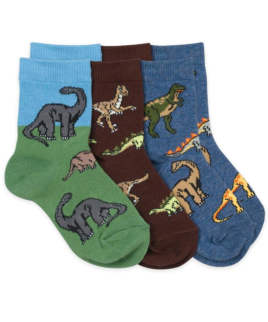 Brown Jefferies dinosaur crew socks with assorted prehistoric pattern and stay-up rib top