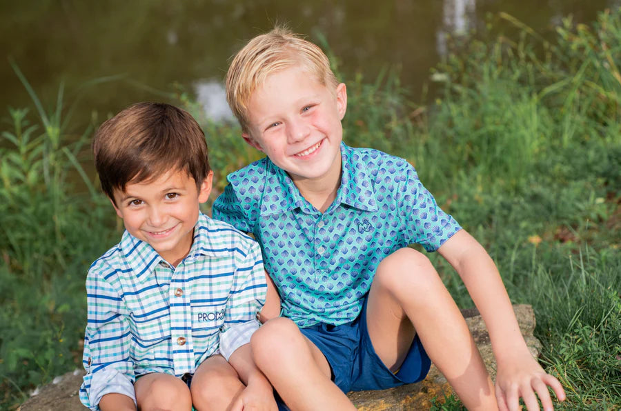 Marine green long sleeve Prodoh boys' fishing shirt with vented back and roll-up sleeves