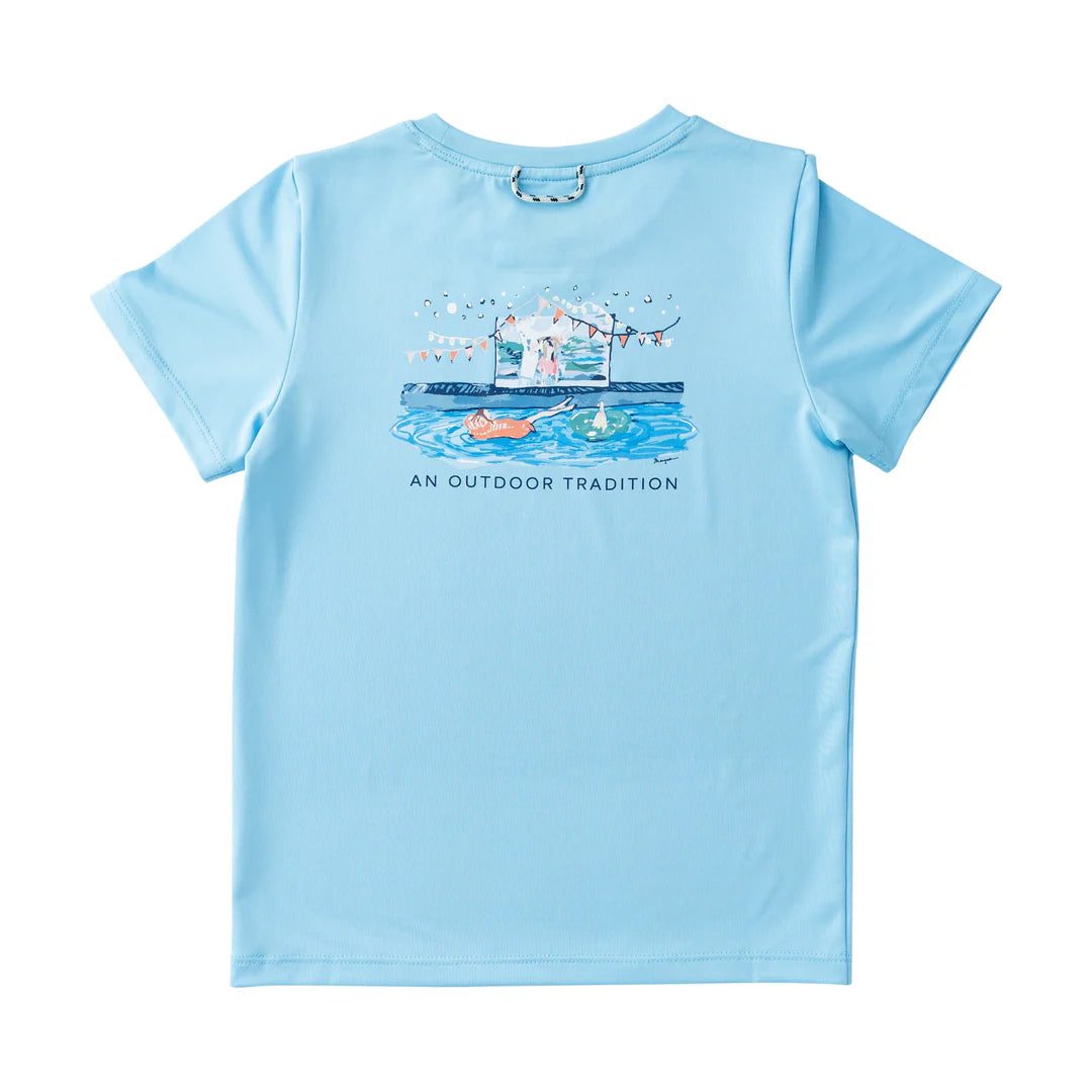 Pro Performance Short Sleeve Tee with hand-painted Dock Pool Party artwork on back, UPF 50+ fabric