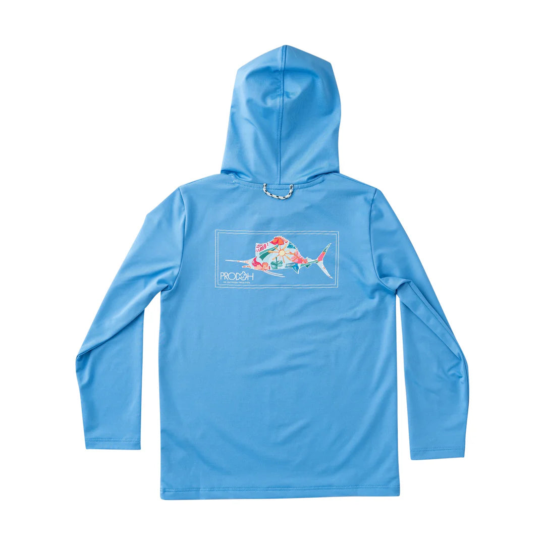 Pro Performance Hoodie T-shirt in tropical marlin art with UPF 50+ protection, long sleeves, and lightweight hood