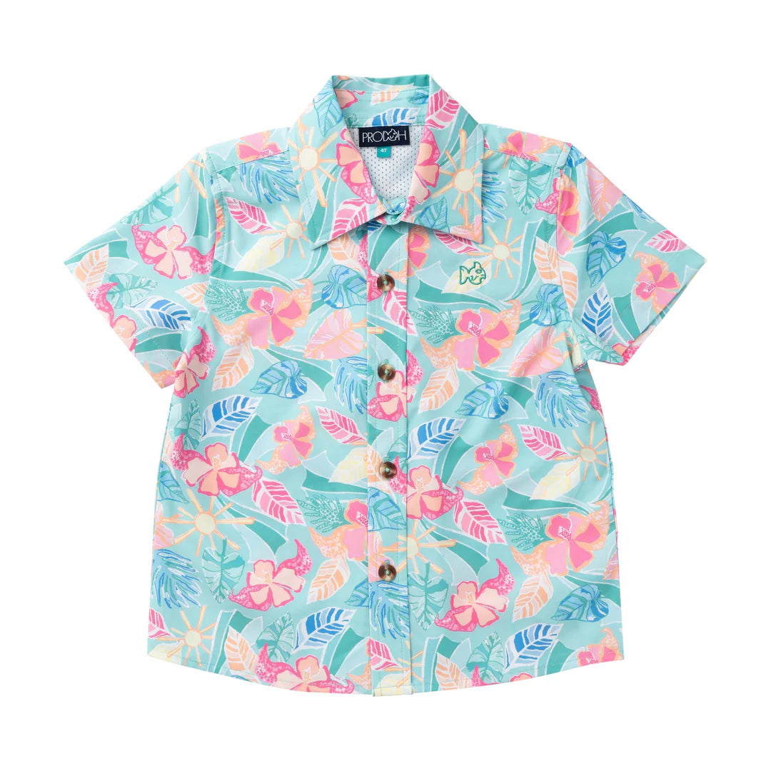 Prodoh boys' short sleeve button down shirt in tropical palm print with UPF 50+ protection