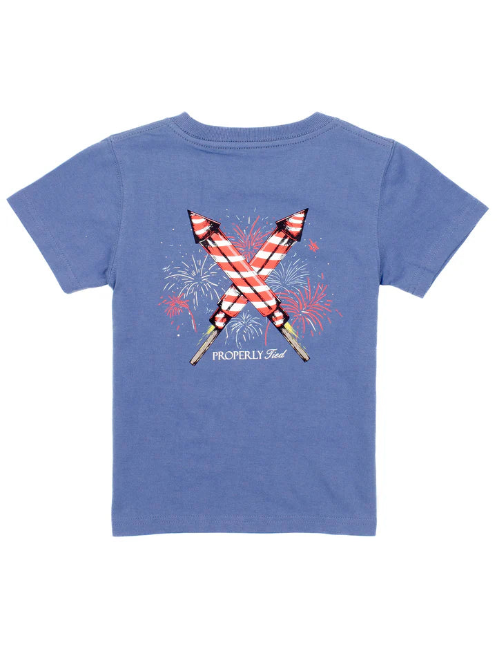 Firecracker Space Blue short sleeve tee with hand-drawn graphic and duck logo pocket detail