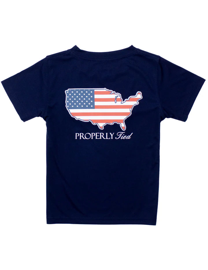 Short Sleeve Performance Tee in River Blue with hand-drawn Old Glory graphic and iconic duck logo