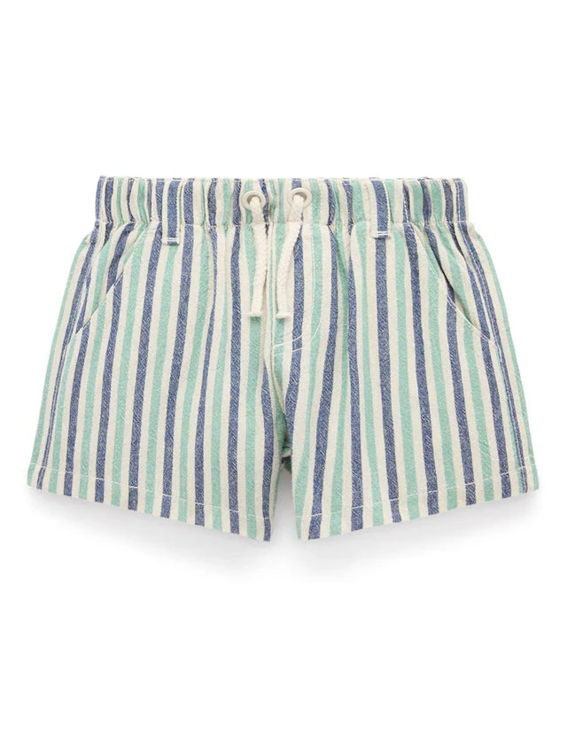 Pull On Striped Short in iguana stripe, organic cotton seersucker with elastic waistband and rope drawstring