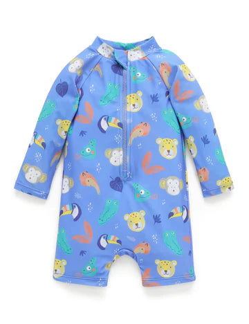 Jungle Faces printed long sleeve sunsuit with front zip and UPF 50+ protection
