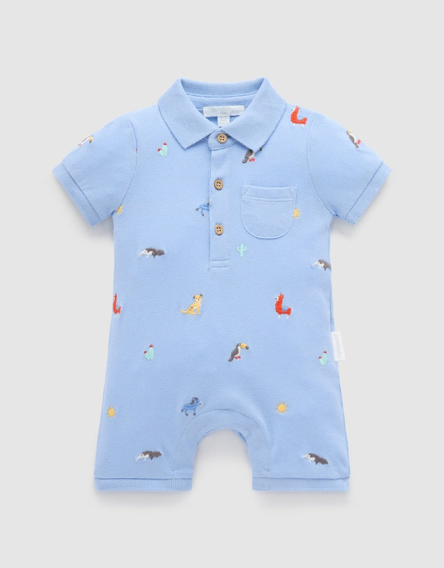 Purebaby Polo Growsuit in Animal Fiesta Broderie with embroidered South American animals, structured collar, and wood buttons